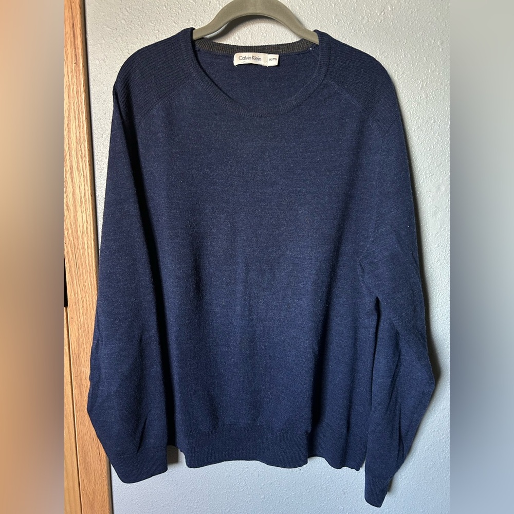 Calvin Klein Men's Blue Merino Wool Crewneck Sweater